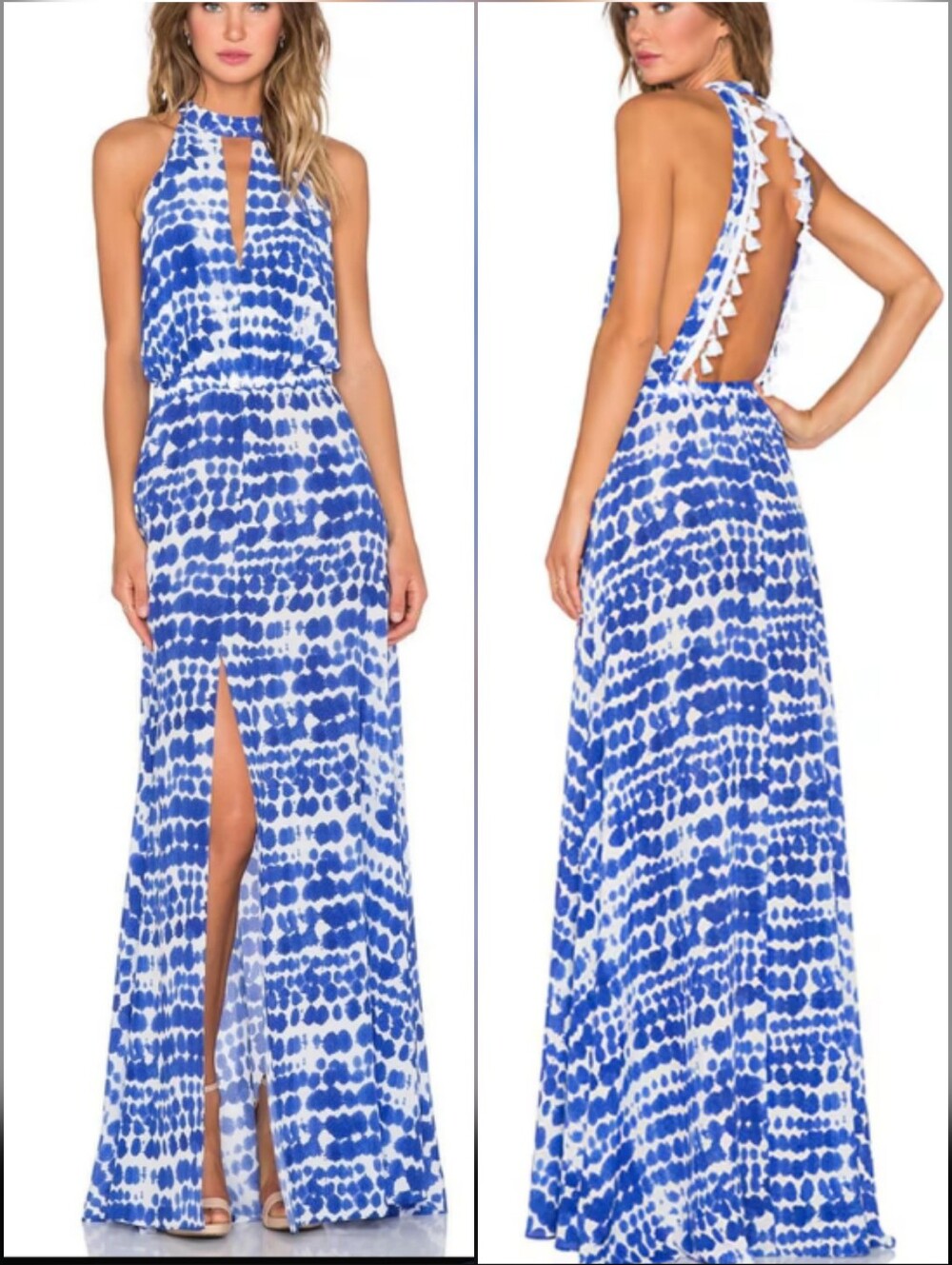 Alexis Wyatt Cut Out Maxi Royal White Open Back Pom Pom Dress
